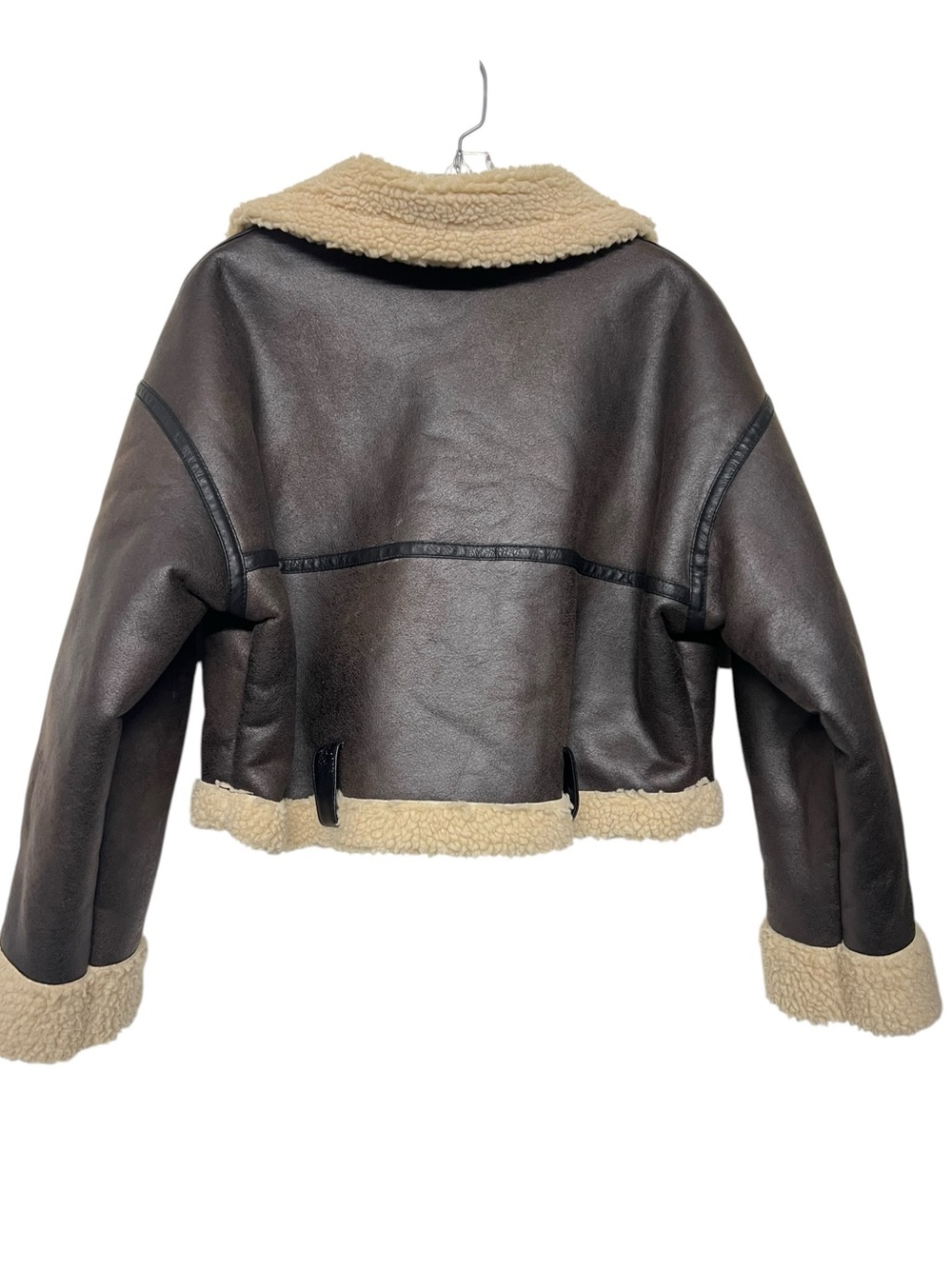 Faux Leather Shearling Trim Cropped Biker Jacket Sherpa Lined Chocolate Brown - Picture 4 of 7